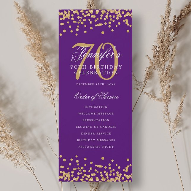70th Birthday Program Gold Purple Confetti Invitation (70th Birthday Program Gold Purple Confetti)