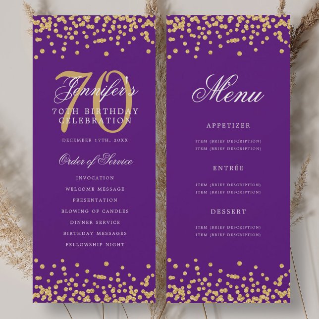 70th Birthday Program Gold Purple Confetti Menu Invitation (70th Birthday Program Gold Purple Confetti Menu)