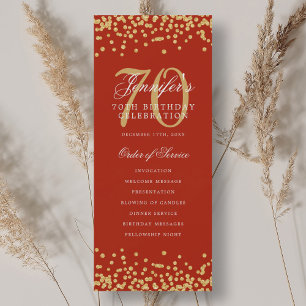 70th Birthday Program Gold Red Confetti Invitation