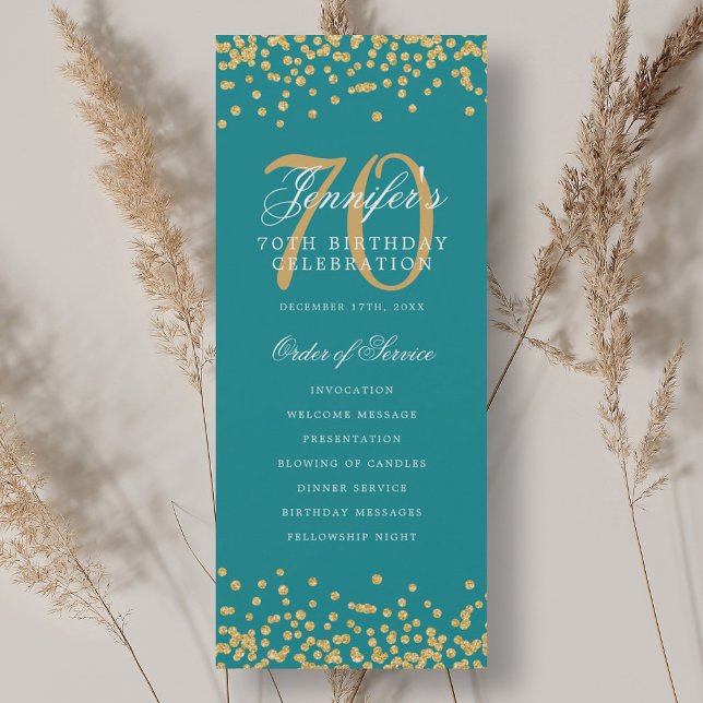 70th Birthday Program Gold Turquoise Confetti Invitation (70th Birthday Program Gold Turquoise Confetti)