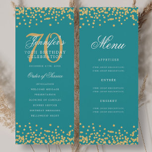 70th Birthday Program Gold Turquoise Confetti Menu Invitation