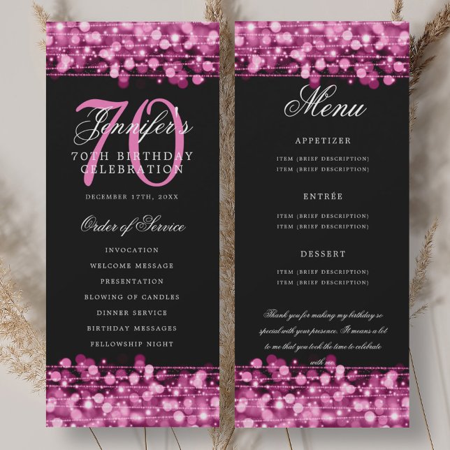 70th Birthday Program Hot Pink Menu+Thank You Invitation (70th Birthday Program Hot Pink Menu+Thank You)