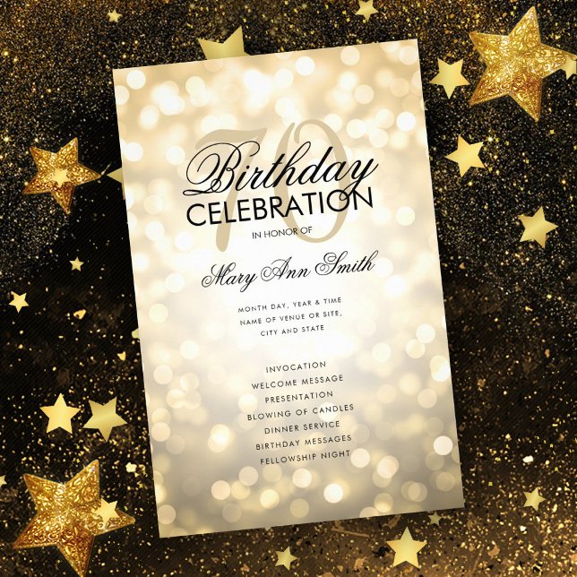 70th Birthday Program Lights Gold w/ Menu  (Creator Uploaded)