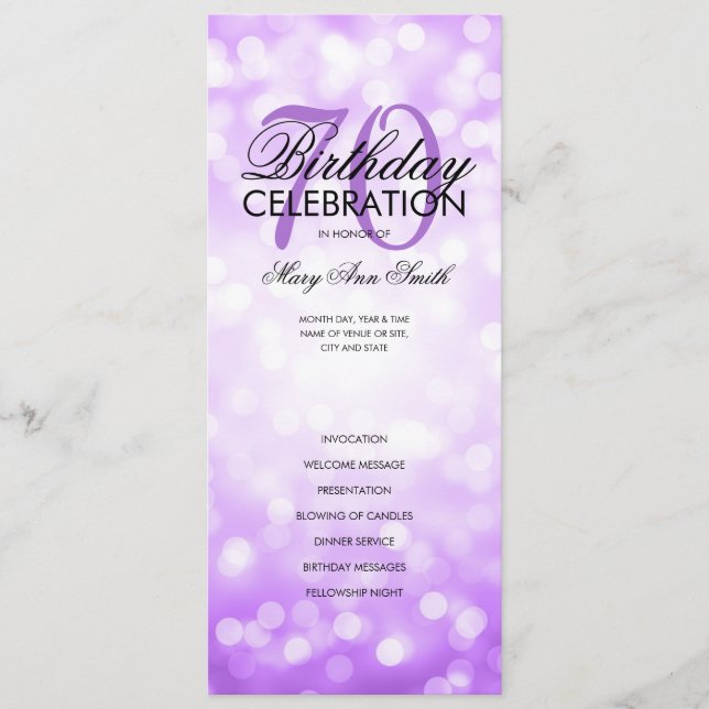 70th Birthday Program Lights Purple Menu (Front)