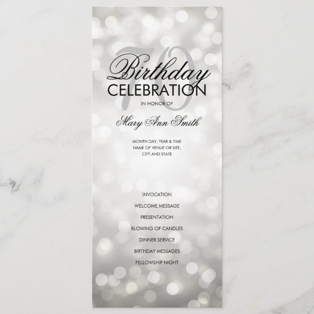 70th Birthday Program Lights Silver Menu (Front)