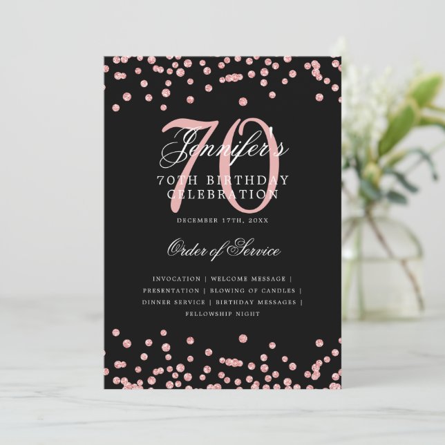 70th Birthday Program Menu Rose Gold Black Invitation (Standing Front)