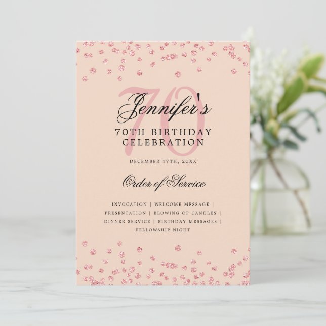 70th Birthday Program Menu Rose Gold Blush  Invitation (Standing Front)