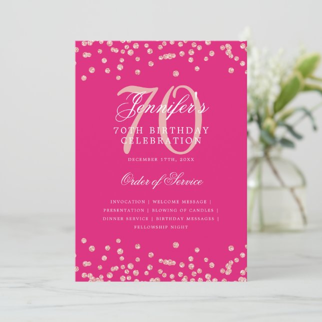 70th Birthday Program Menu Rose Gold Hot Pink Invitation (Standing Front)