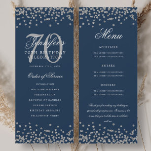 70th Birthday Program Menu Thank U Silver Navy Invitation