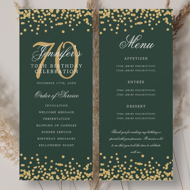 70th Birthday Program Menu Thank You Gold Green Invitation (70th Birthday Program Menu Thank You Gold Green)