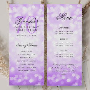 70th Birthday Program Purple Bokeh Menu Invitation