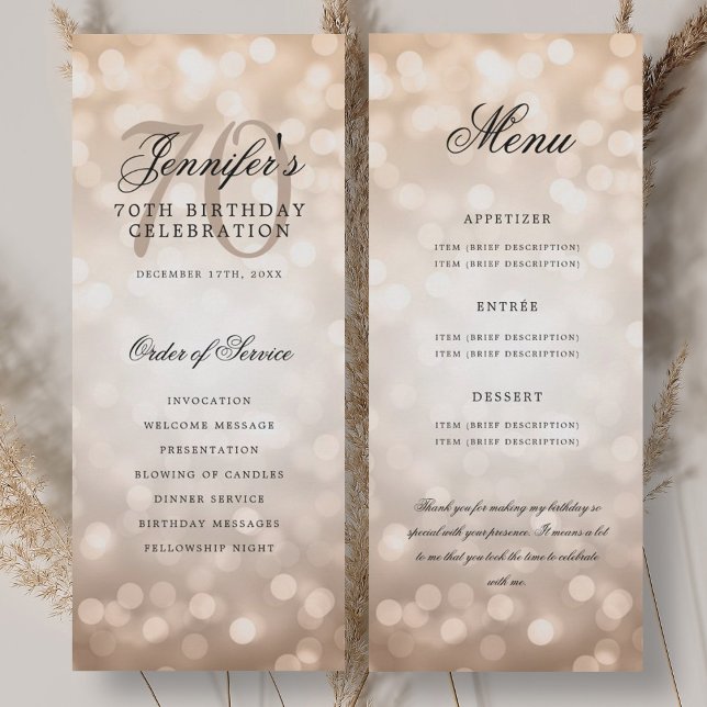 70th Birthday Program Rose Gold Bokeh Menu Invitation (70th Birthday Program Rose Gold Bokeh Menu)