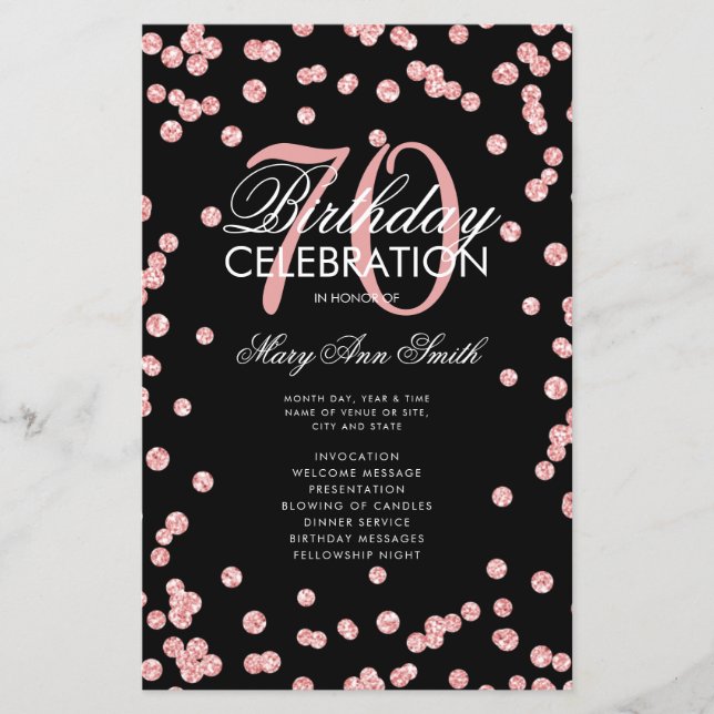 70th Birthday Program Rose Gold Glitter w/ Menu (Front)