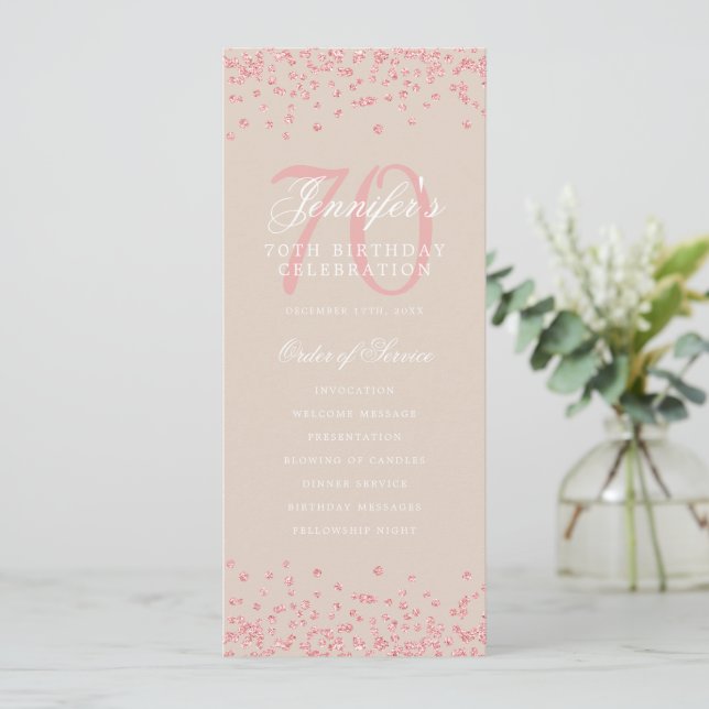 70th Birthday Program Rose Gold Menu Champagne  Invitation (Standing Front)