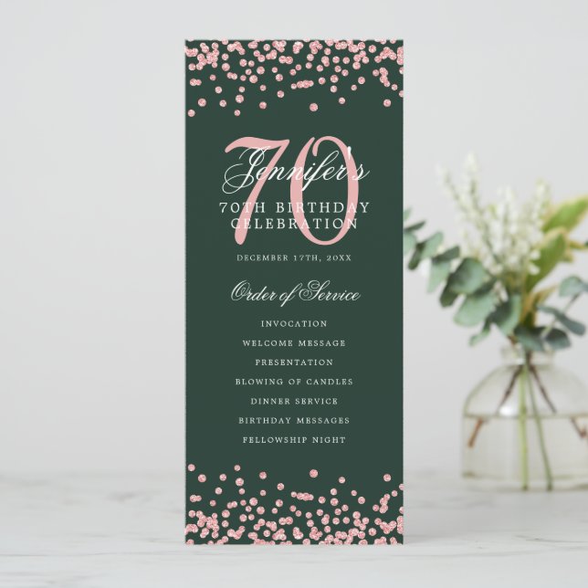 70th Birthday Program Rose Gold Menu Green  Invitation (Standing Front)