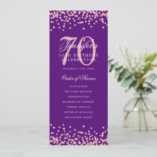 70th Birthday Program Rose Gold Menu Purple  Invitation