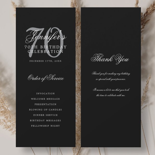 70th Birthday Program Silver Black Thank You Invitation (70th Birthday Program Silver Black Thank You)