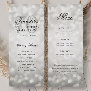 70th Birthday Program Silver Bokeh Menu Invitation