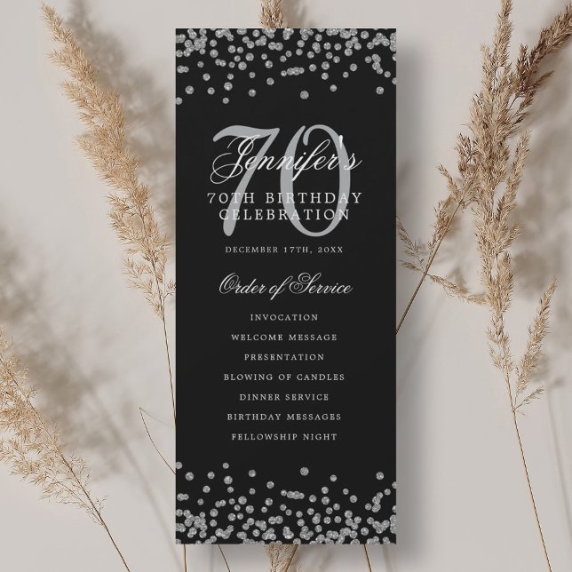 70th Birthday Program Silver Confetti Black  Invitation (70th Birthday Program Silver Confetti Black )