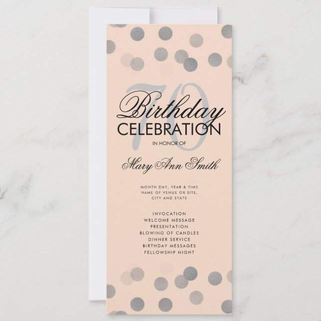 70th Birthday Program Silver Confetti Menu Blush Invitation (Front)