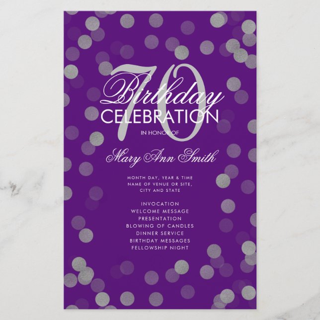 70th Birthday Program Silver Confetti Menu Purple  (Front)