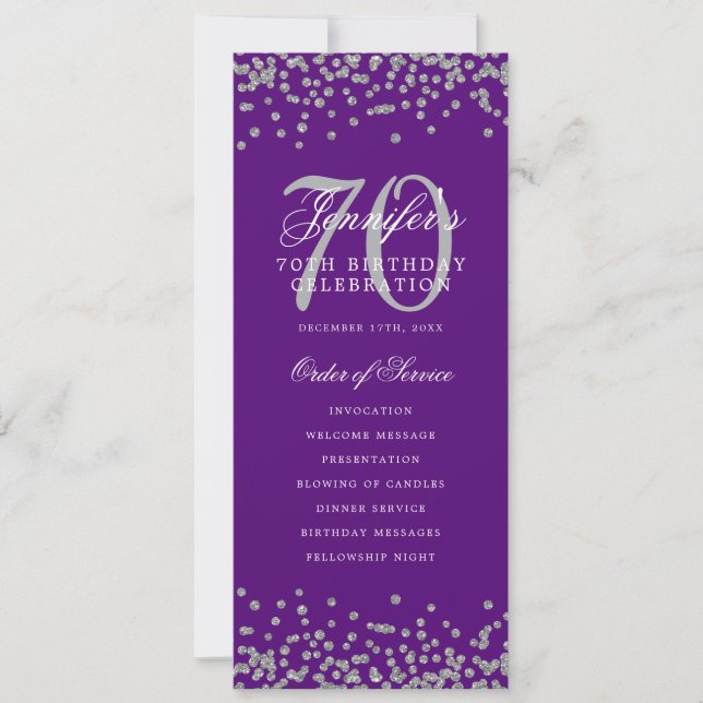 70th Birthday Program Silver Confetti Purple  Invitation (Front)