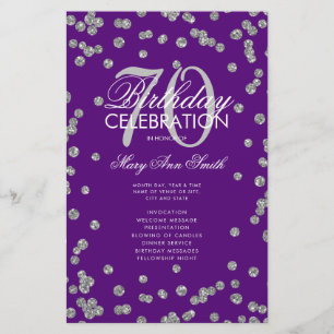 70th Birthday Program Silver Glitter Menu Purple