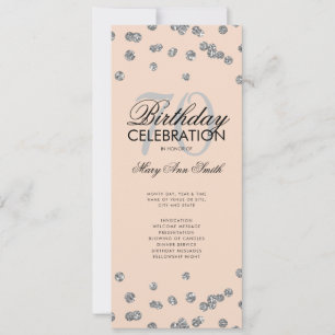 70th Birthday Program Silver Glitter w/ Menu Blush Invitation