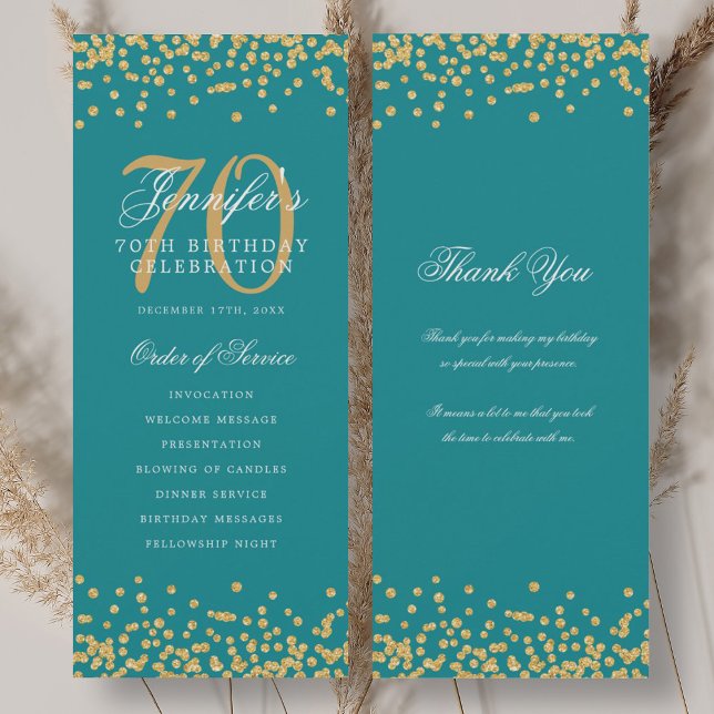 70th Birthday Program Thank You Gold Turquoise  Invitation (70th Birthday Program Thank You Gold Turquoise )