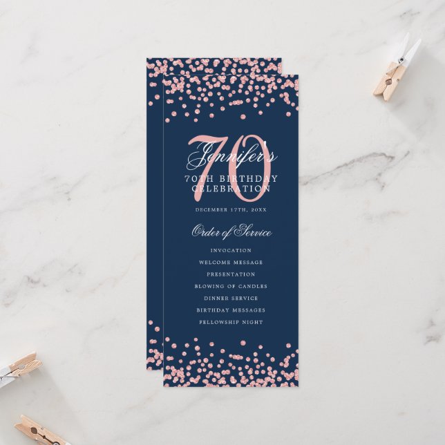 70th Birthday Program Thank You Rose Gold Navy Blu Invitation (Front/Back In Situ)