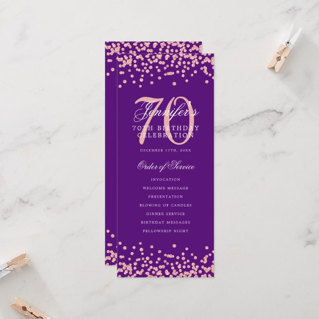 70th Birthday Program Thank You Rose Gold Purple  Invitation (Front/Back In Situ)