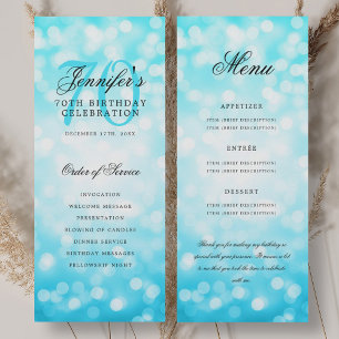 70th Birthday Program Turquoise Bokeh Menu Invitation