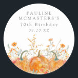 70th Birthday Pumpkin Wildflower Custom Favour Classic Round Sticker<br><div class="desc">Fall pumpkins are nestled in delicate golden yellow and orange wildflowers to create an elegant aesthetic. All of the text is editable so you can easily craft your own special mood.</div>