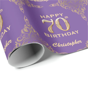 70th Birthday Purple and Gold Glitter Frame Wrapping Paper