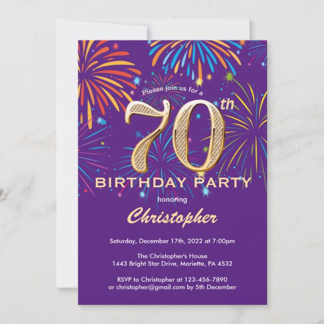 70th Birthday Purple and Gold Rainbow Fireworks Invitation (Front)