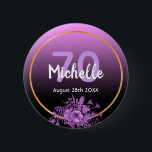 70th birthday purple black gold florals 6 cm round badge<br><div class="desc">Glamourous button for a 70th birthday with elegant and modern black and pink, purple gradient, ombre backdrop. With a faux gold frame, and ultra violet and purple coloured watercolored flowers. Templates for name, age and date, white and purple coloured letters. Perfect as a keepsake or as a save the date...</div>