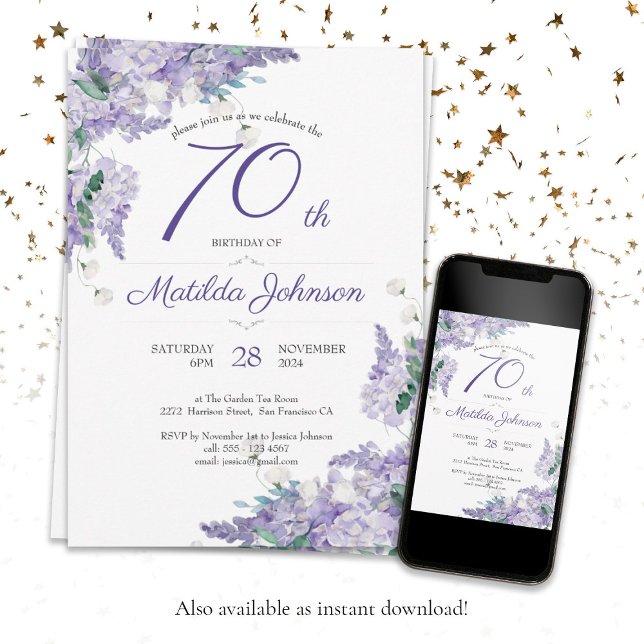 70th Birthday Purple Floral Wisteria Botanical Inv Invitation (70th Birthday Purple Floral Wisteria Botanical Invitation)