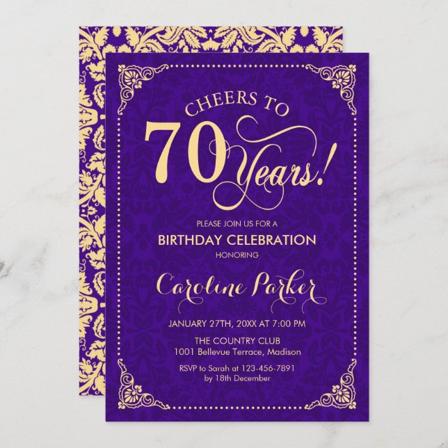 70th Birthday - Purple Gold Damask Invitation (Front/Back)