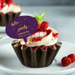 70th birthday purple gold hello 70 name script cake pick<br><div class="desc">Elegant and modern for a 70th birthday party.  Chic purple backdrop and faux gold text written with a trendy hand-lettered style script: hello seventy. With golden dots as decor. Template for a name and date.</div>