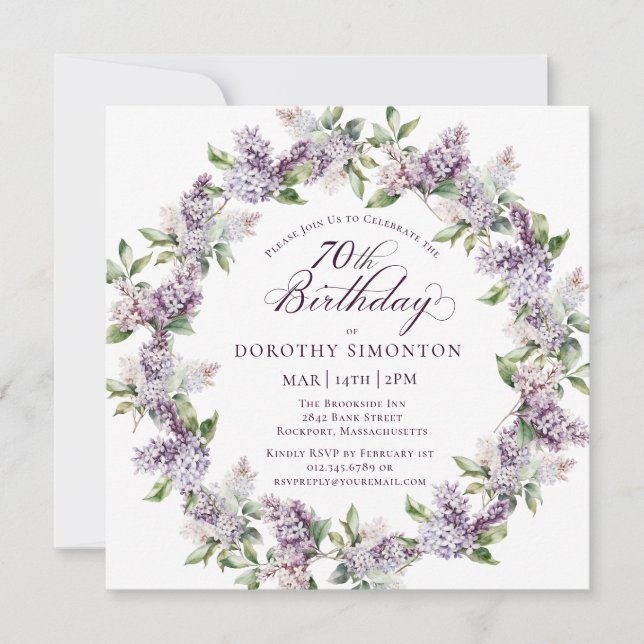  70th Birthday Purple Lilac Spring Flower Square Invitation (Front)