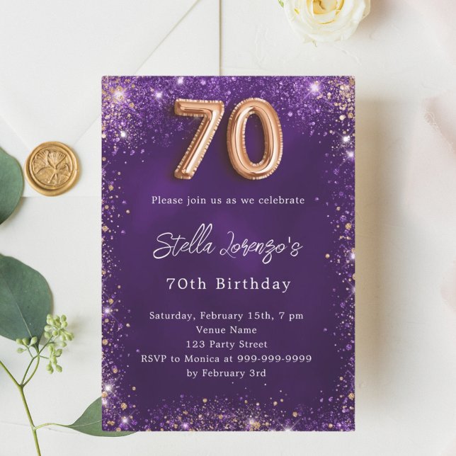 70th Birthday purple rose gold luxury Invitation (Creator Uploaded)