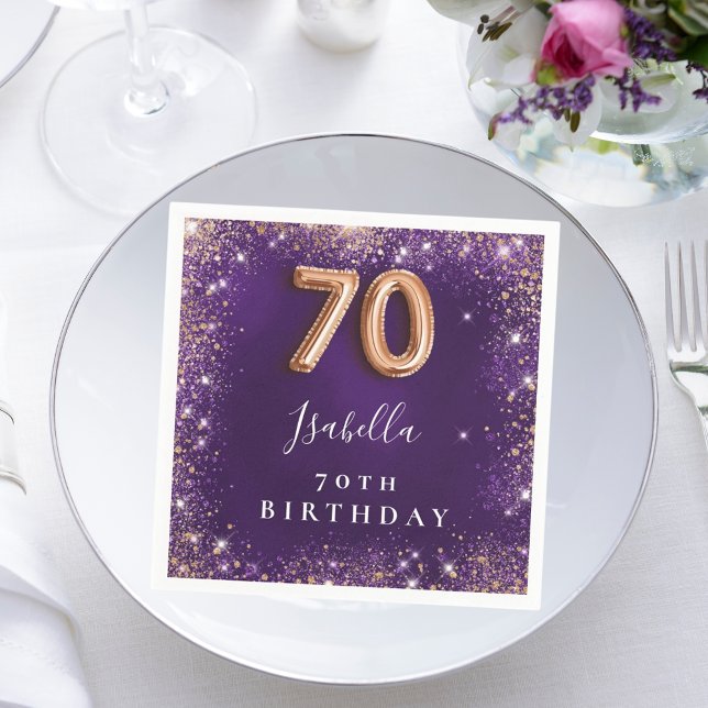 70th birthday purple rose gold sparkles name napkin (Creator Uploaded)