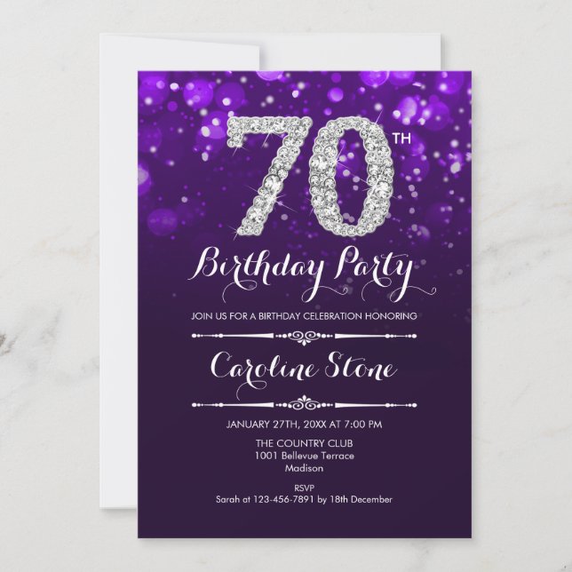 70th Birthday - Purple Silver Invitation (Front)