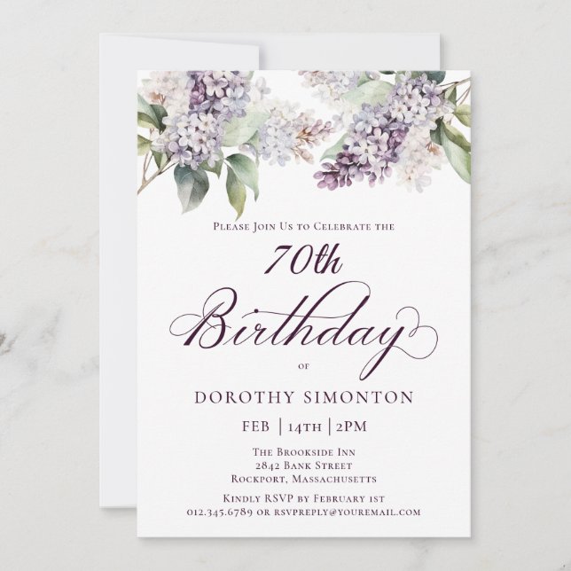 70th Birthday Purple Spring Lilac Flower Invitation (Front)