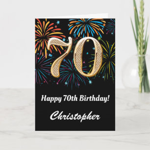 70th Birthday Rainbow Fireworks Black and Gold Card