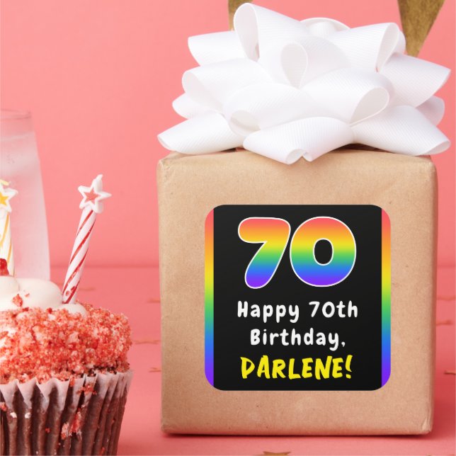 70th Birthday: Rainbow Spectrum # 70, Custom Name Square Sticker (Party)
