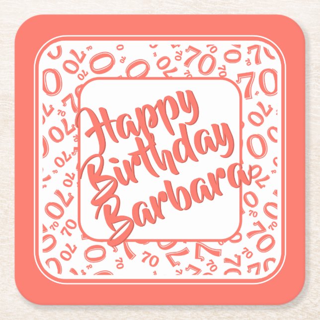 70th Birthday Random Number Pattern Coral/White Square Paper Coaster (Front)