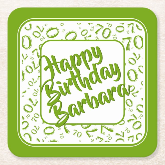 70th Birthday Random Number Pattern Green/White Square Paper Coaster (Front)