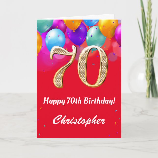 70th Birthday Red and Gold Colourful Balloons Card (Front)
