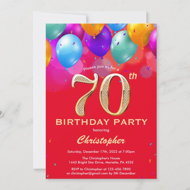 70th Birthday Red and Gold Colourful Balloons Invitation (Front)